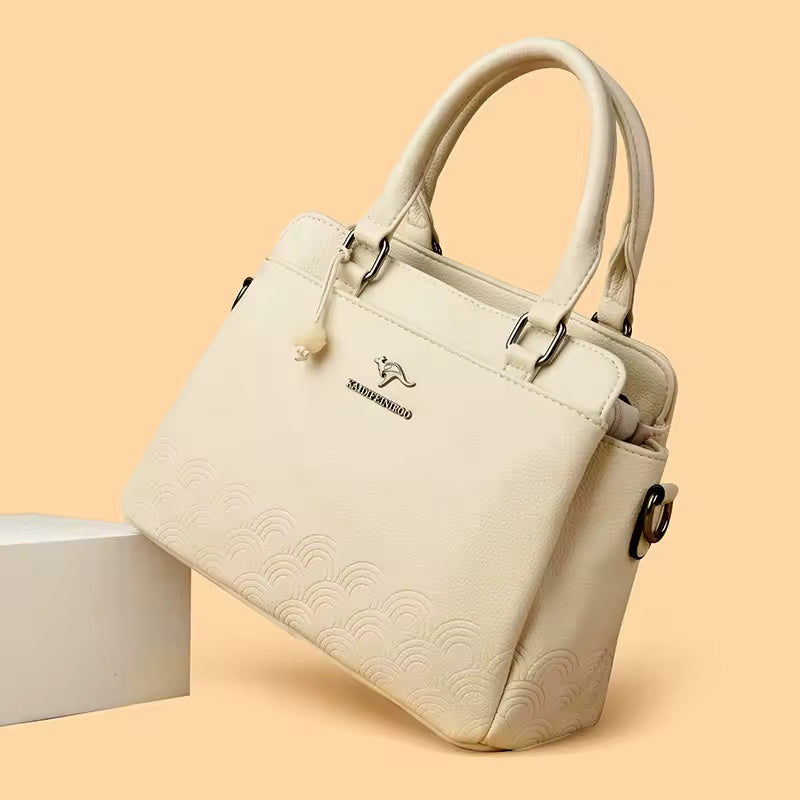 WaveLuxe™ – Embossed Ivory PU Handbag – Elegant Structured Shoulder Bag